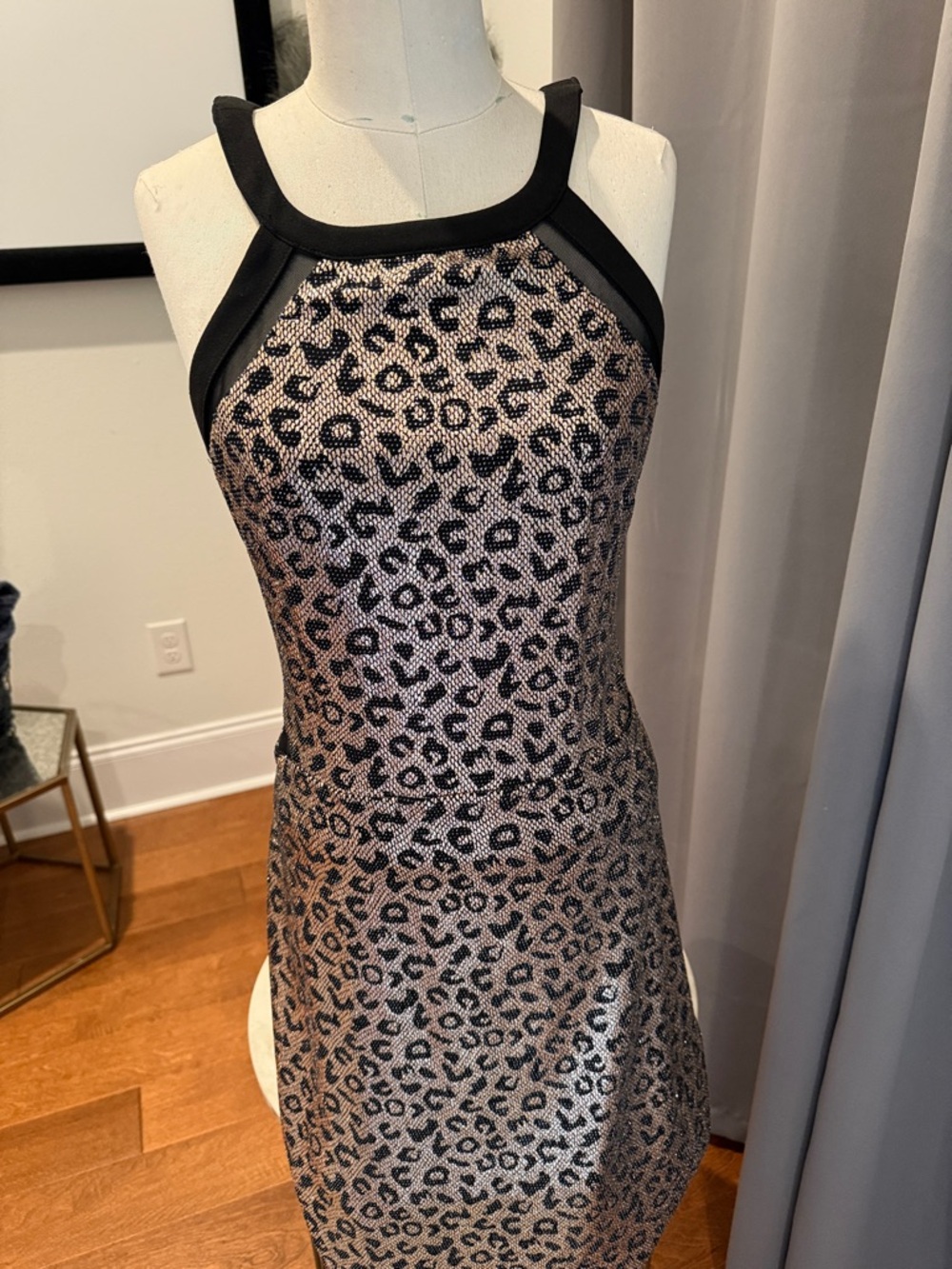 Guess Metallic Leopard Print Midi Dress in Black and Gold